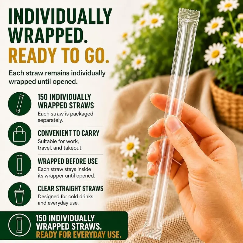PODJULFA 150 Pack 16 oz Plastic Cups – Individually Wrapped Straws for Cleaner Use