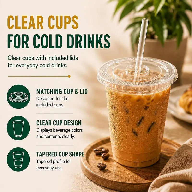 PODJULFA 150 Pack 16 oz Plastic Cups – Complete 150 Sets with Wrapped Straws