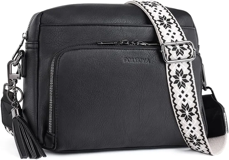 POIUGOYA Leather Crossbody Bag in Black