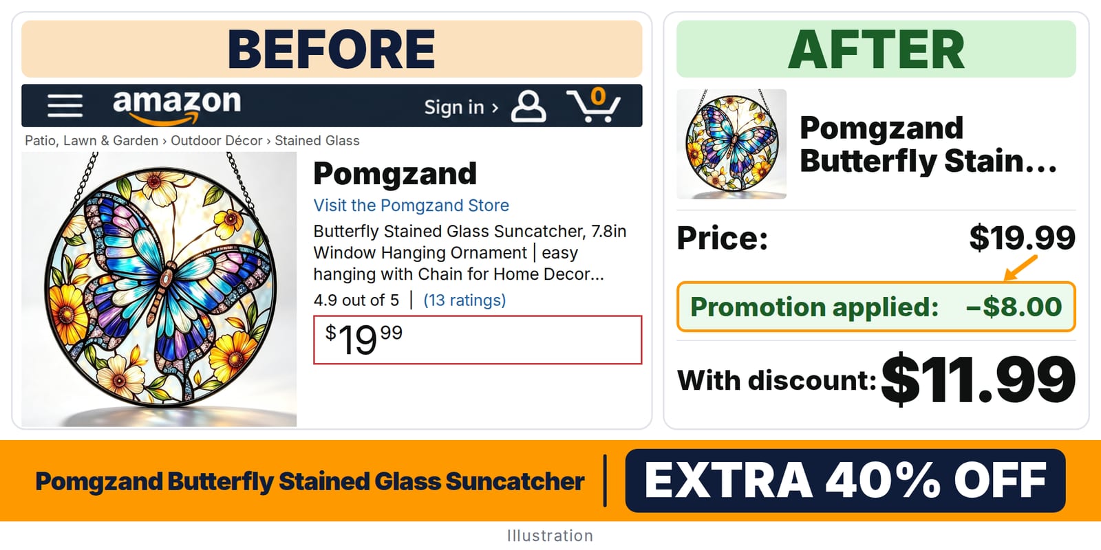 Pomgzand Butterfly Stained Glass Suncatcher deal: before and after – promo code IMUBZFY5, 40% off on Amazon