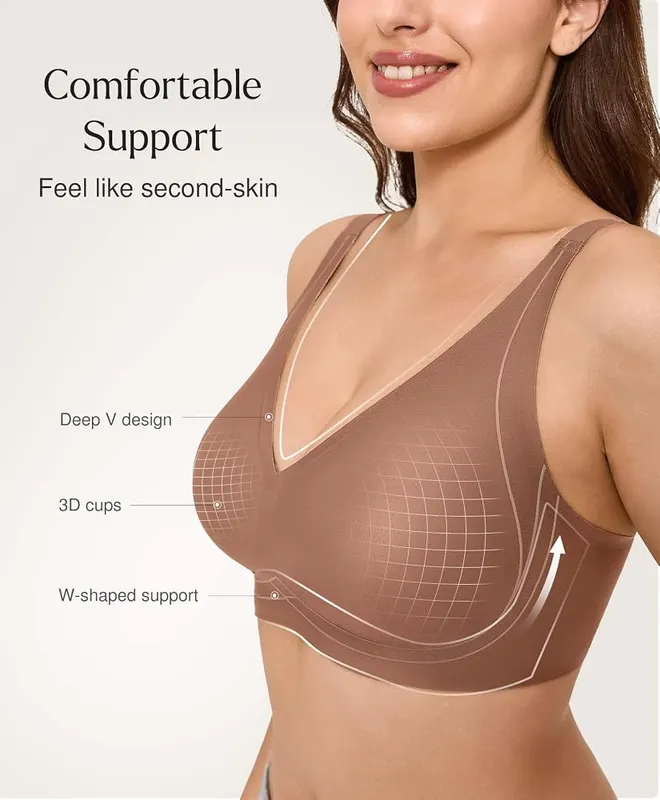 Popilush Wireless Comfortable Bras Womens Deep V Brown – Deep V neck design