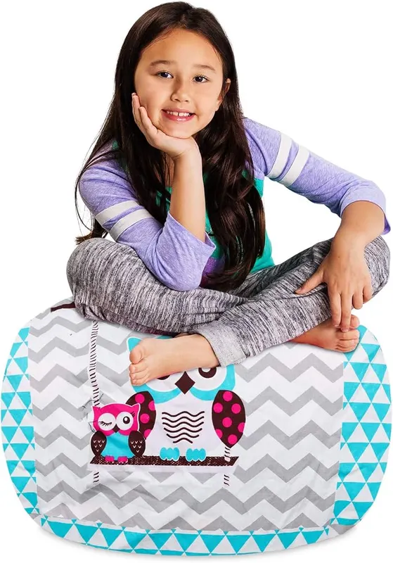 Posh Stuffable Kids Stuffed Animal Storage Bean Bag Medium-27 in Canvas Owls White and Blue