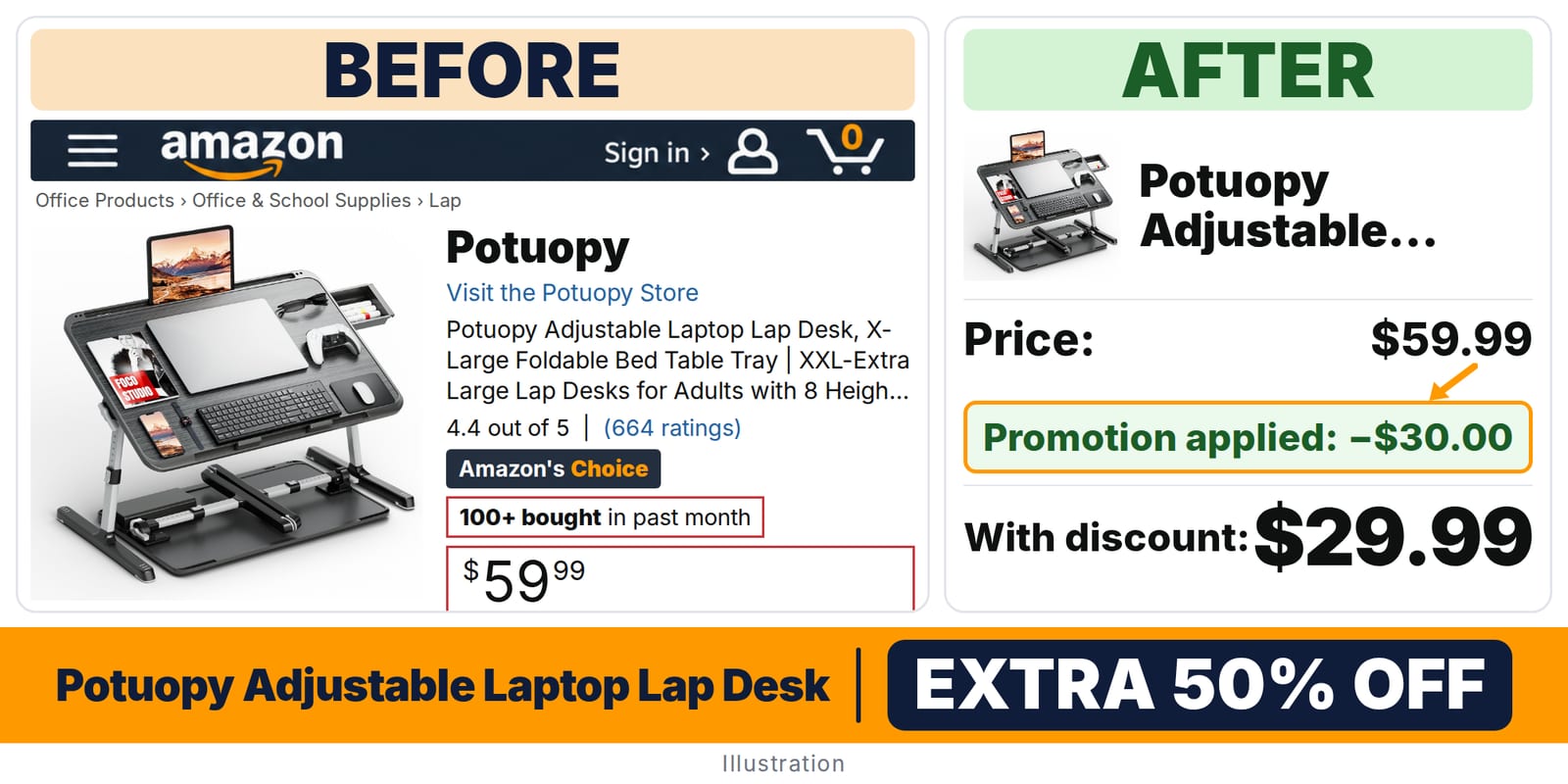 Potuopy Adjustable Laptop Lap Desk deal: before and after – promo code 57AXN7D6, 50% off on Amazon