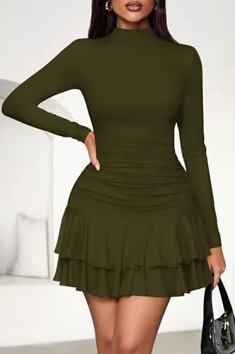 PRETTYGARDEN Women’s Y2K Ruffle Layered Bodycon Mini – Mock neck with long sleeves