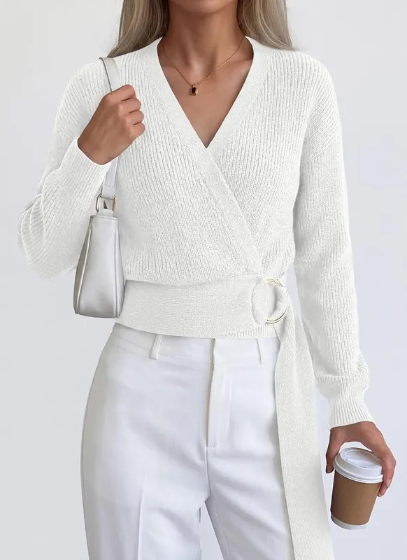 PRETTYGARDEN Womens Long Sleeve Wrap V Neck – Wrap V neck belted sweater