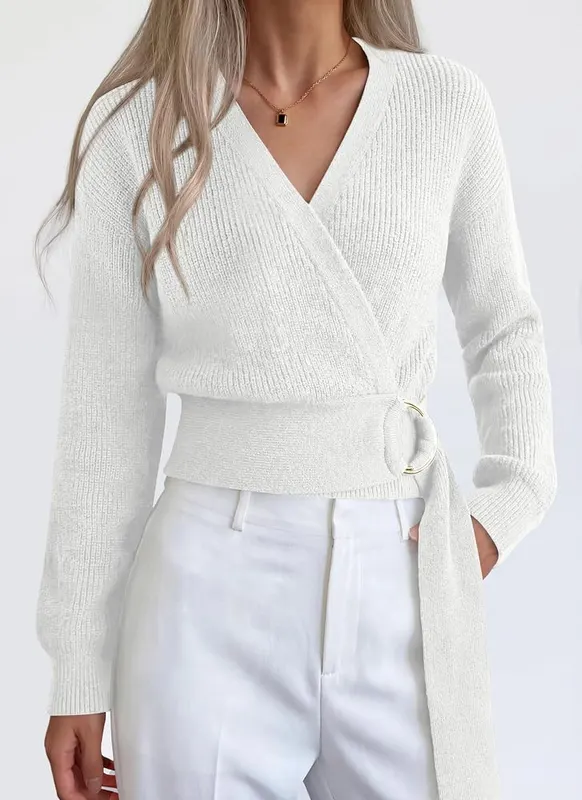 PRETTYGARDEN Womens Long Sleeve Wrap V Neck – Tie waist for adjustable fit