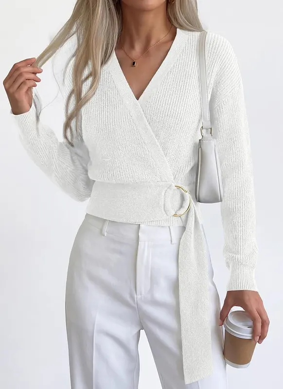 PRETTYGARDEN Womens Long Sleeve Wrap V Neck – White shade in XX-Large