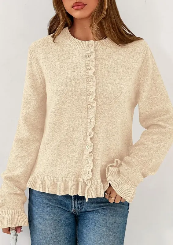 PRETTYGARDEN Womens Ruffle Button Down Cardigan Sweaters – Crew neck sweater jacket