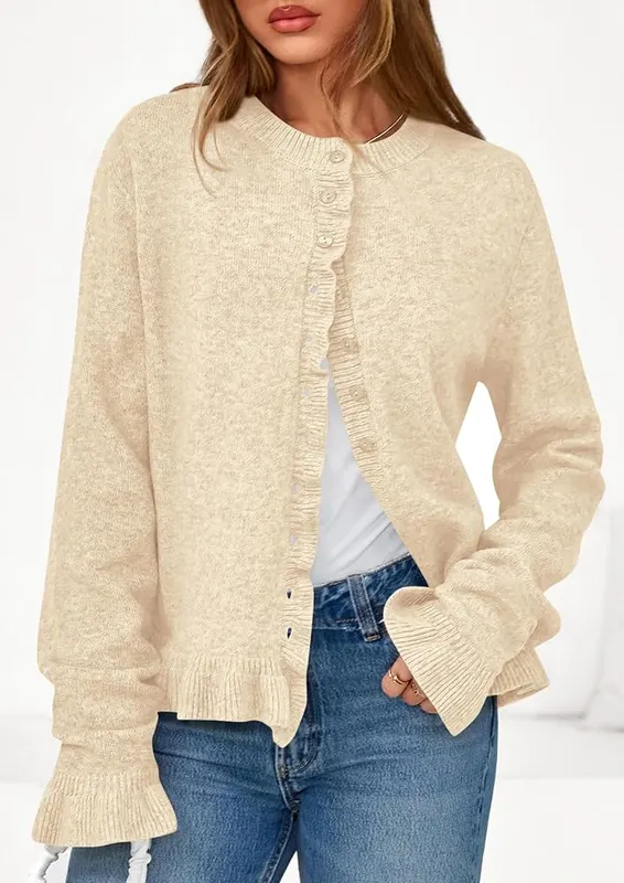 PRETTYGARDEN Womens Ruffle Button Down Cardigan Sweaters – Beige in size small