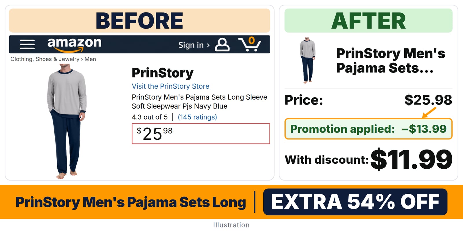PrinStory Men's Pajama Sets Long Sleeve Soft deal: before and after – promo code BMVBM7G1, 54% off on Amazon