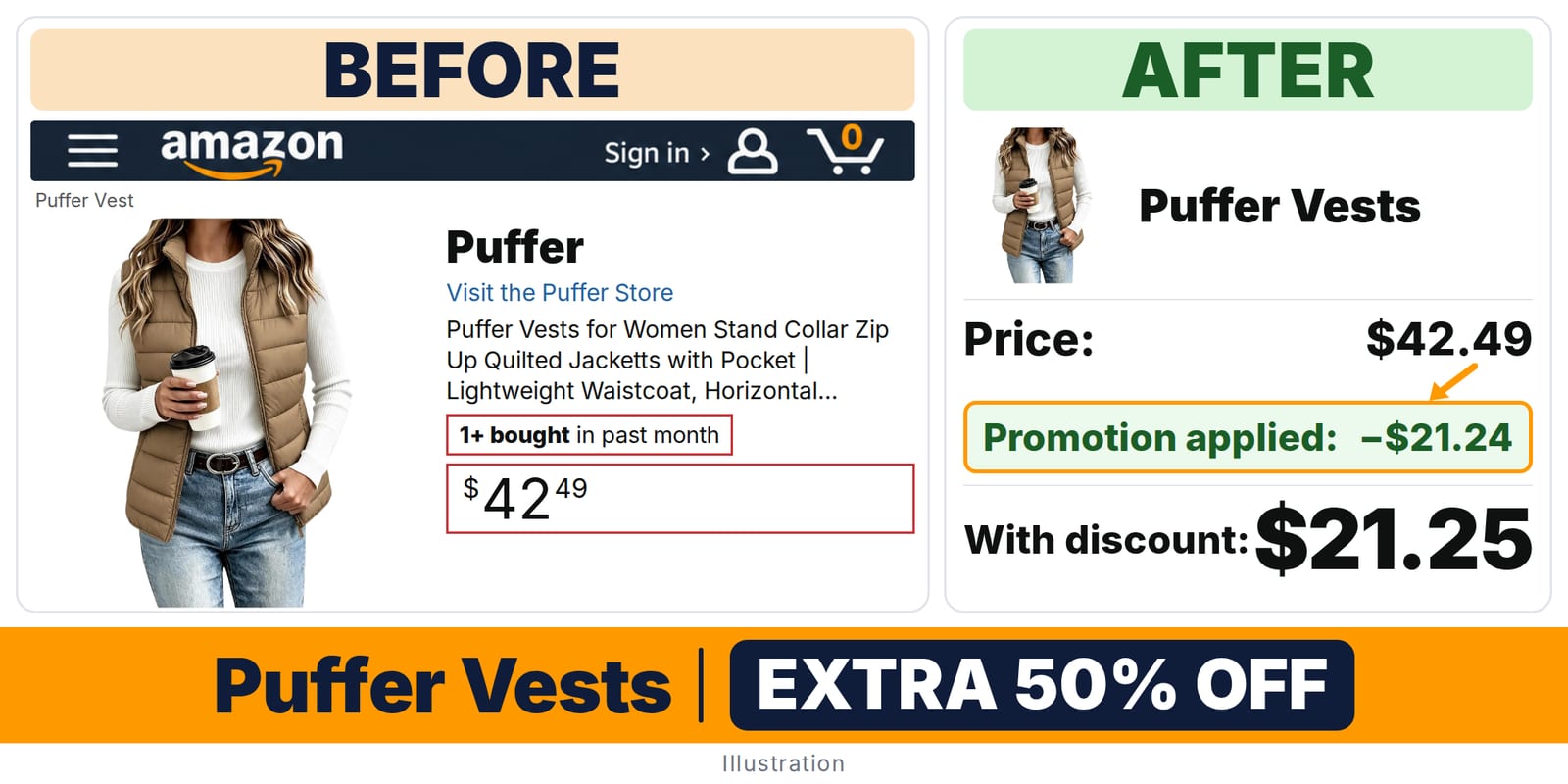 LcniniSu Puffer Vests Khaki deal: before and after – promo code 7QUU4FMJ, 50% off on Amazon