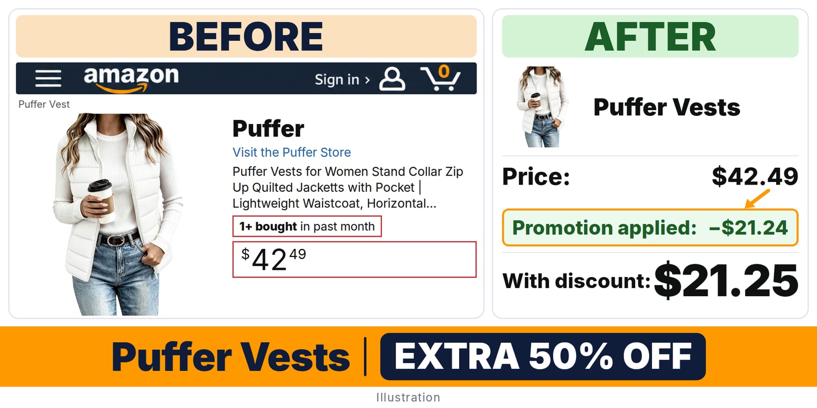 Puffer Vests deal: before and after – promo code 7QUU4FMJ, 50% off on Amazon
