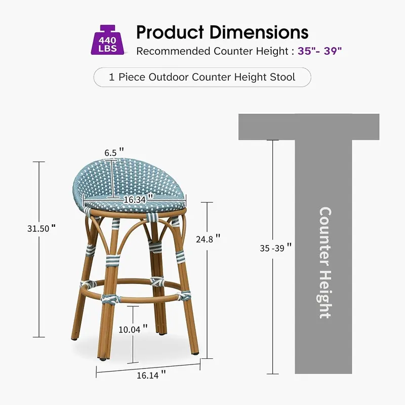 PURPLE LEAF Outdoor Oversize Counter Stool Patio Barstool – Ergonomic contoured backrest for lumbar support