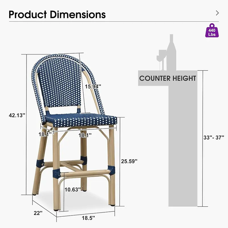 PURPLE LEAF Patio French Counter Stool Set Navy Blue – Classic French silhouette with textured rattan