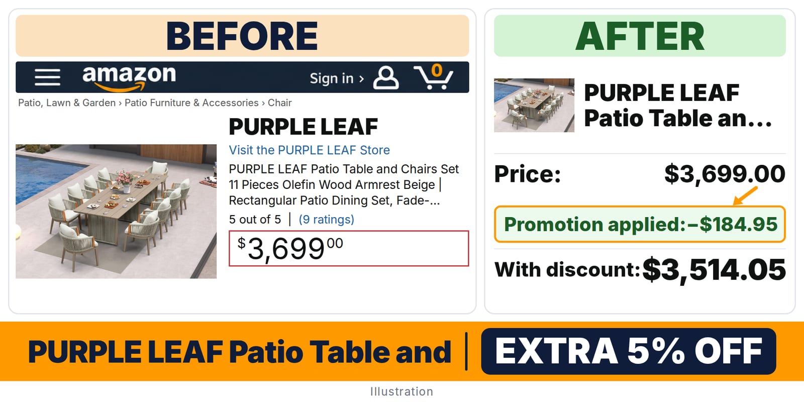 PURPLE LEAF Patio Table and Chairs Set 11 deal: before and after – promo code RASHADIN05, 5% off on Amazon