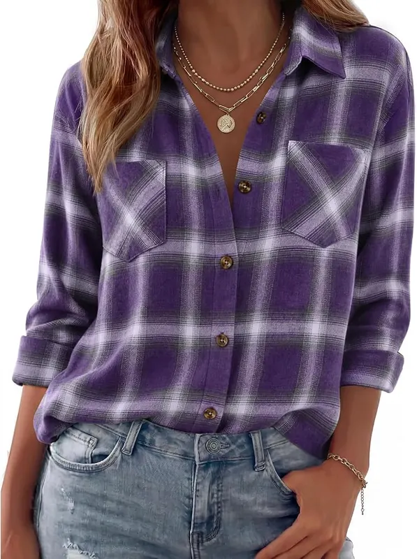 Purple Womens Button Down Shirt Plaid Flannel