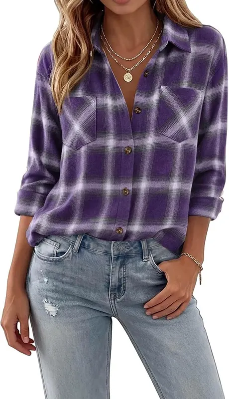 Purple Womens Button Down Shirt Plaid Flannel – product photo 2 of 7