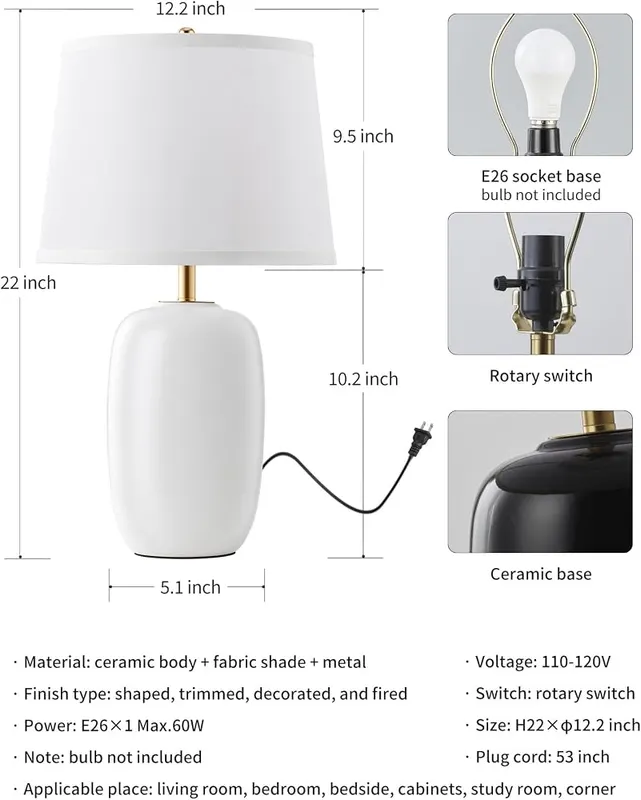 PUSU 22 Inch White Ceramic Table Lamps – product photo 5 of 9