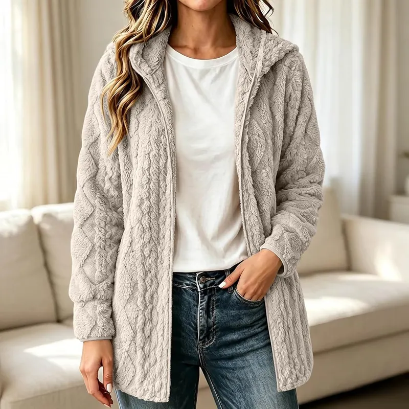 PXQIRMR Cardigan Sweaters Beige – Plush fuzzy fleece outer texture
