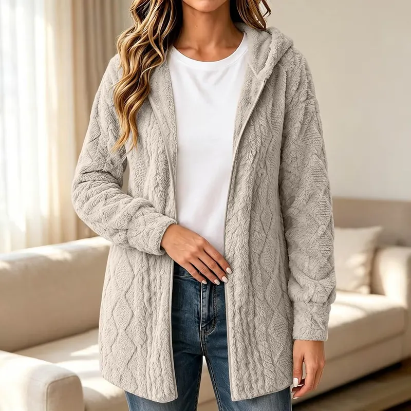 PXQIRMR Cardigan Sweaters Beige – Casual hooded open front design