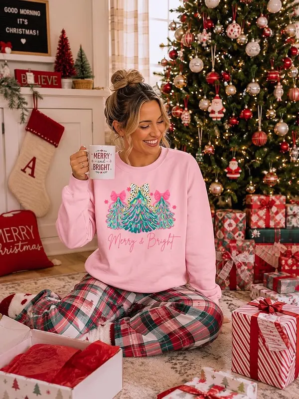 QLIPIN Christmas Sweatshirt Pink-pastel Tree – Easy to match with jeans