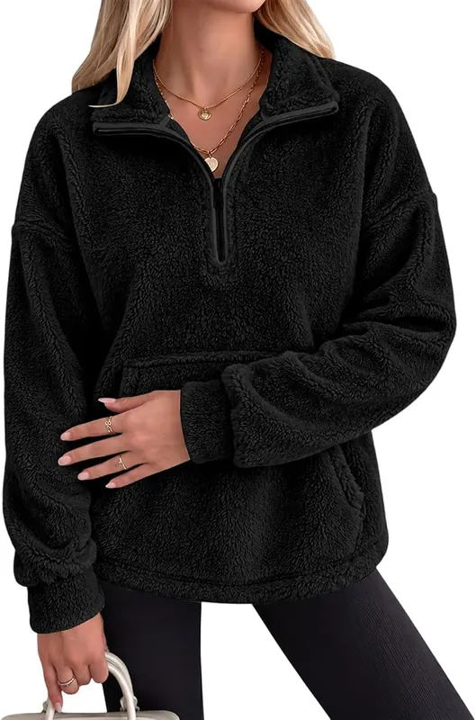 Numaller Quarter Zip Pullover Women Collared Sherpa A02 Black – product photo 2 of 9