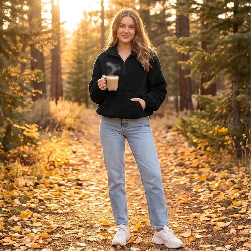 Numaller Quarter Zip Pullover Women Collared Sherpa A02 Black – product photo 3 of 9
