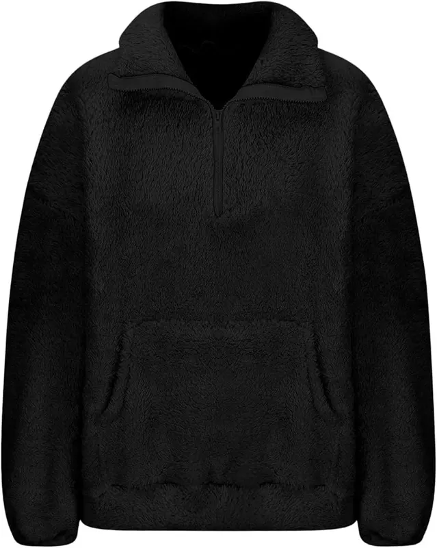 Numaller Quarter Zip Pullover Women Collared Sherpa A02 Black – product photo 8 of 9