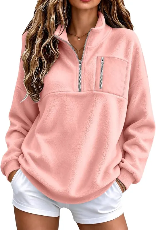 Quarter Zip Pullover Women Mock Neck Loose – product photo 2 of 8