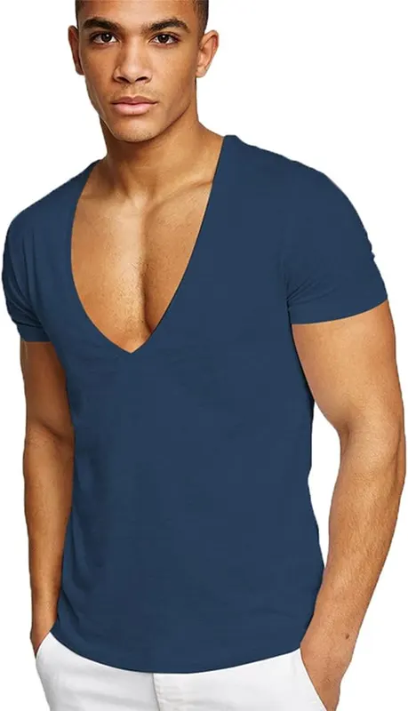 Rela Bota Mens Deep V Neck T Shirt in Navy Blue