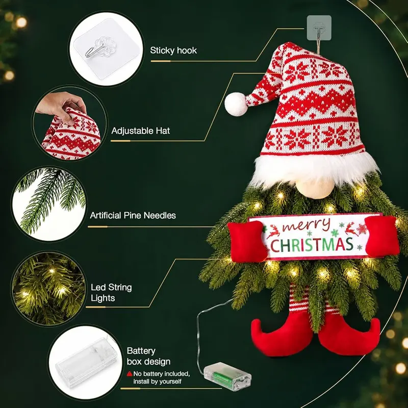 Rotkfst 30 Inch Christmas Wreath – Bright Gnome Wreath with Lights