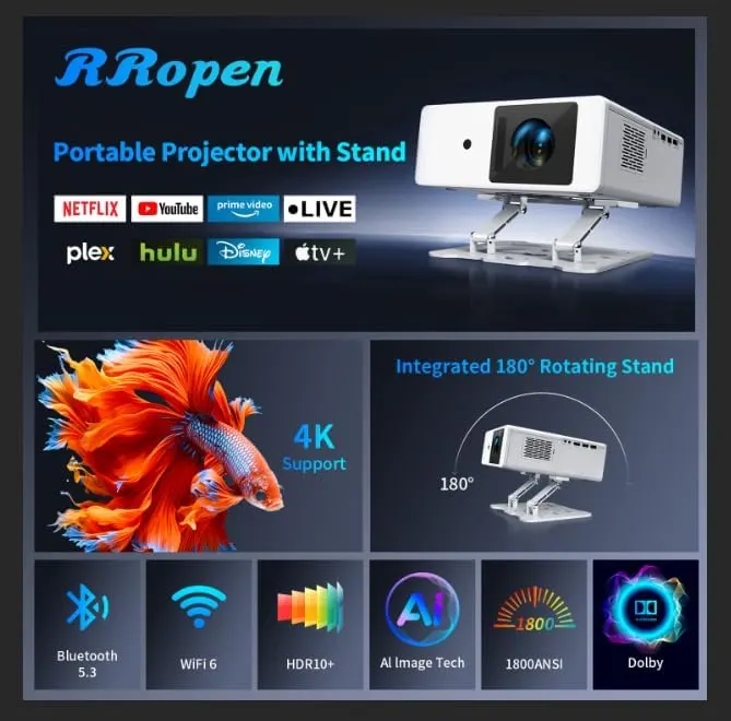 RRopen 4K Projector – Native 1080P with 4K support