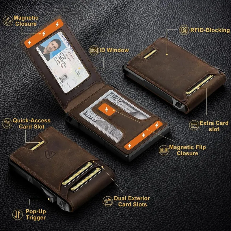 RUNBOX Genuine Leather Bifold Wallet – Pop up aluminum card case