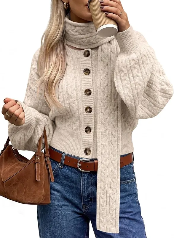 Saodimallsu Womens Cable Knit Button Up Cropped in Apricot