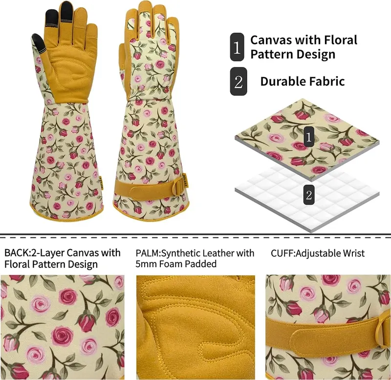 SAVJOB Gardening Gloves – Garden Gloves Floral Pattern Design-PALM:Leather with foam padded