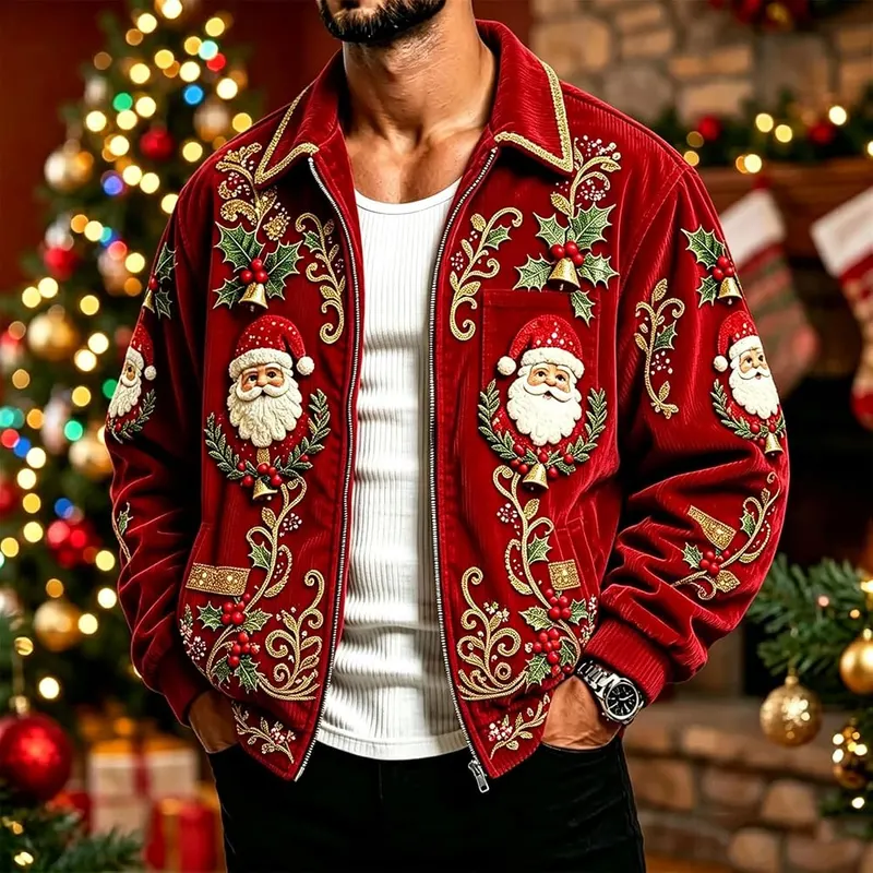 SCRRMZO Christmas Zip Up Jacket – Festive Print And Lapel Collar