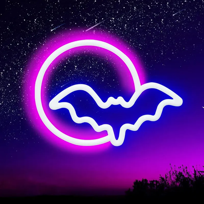 SEMETOR LED Neon Moon Bat Wall Sign in pink+blue
