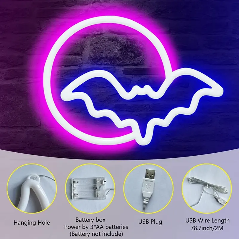 SEMETOR LED Neon Moon Bat Wall Sign – LED neon moon and bat wall sign