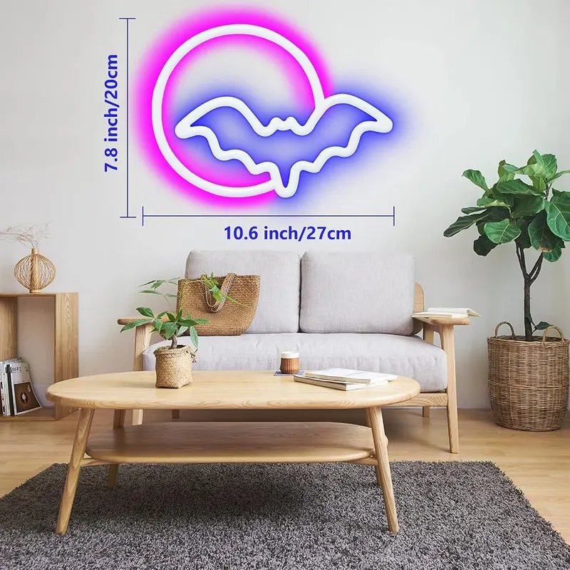 SEMETOR LED Neon Moon Bat Wall Sign – USB or battery powered