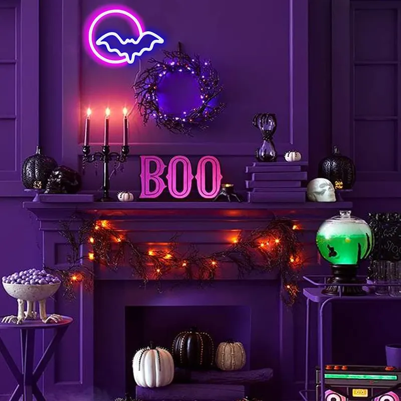 SEMETOR LED Neon Moon Bat Wall Sign – Room decor or kids gift