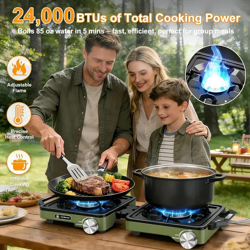 SENBOWE 2-Burner Pro Camping Stove Green – Complete Outdoor Cooking Kit