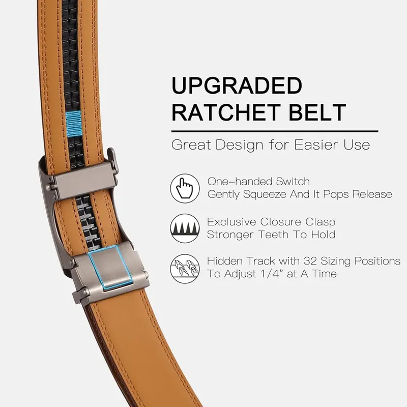 SENDEFN Men’s Leather Belt Automatic Ratchet Buckle – Slide design with no punched holes