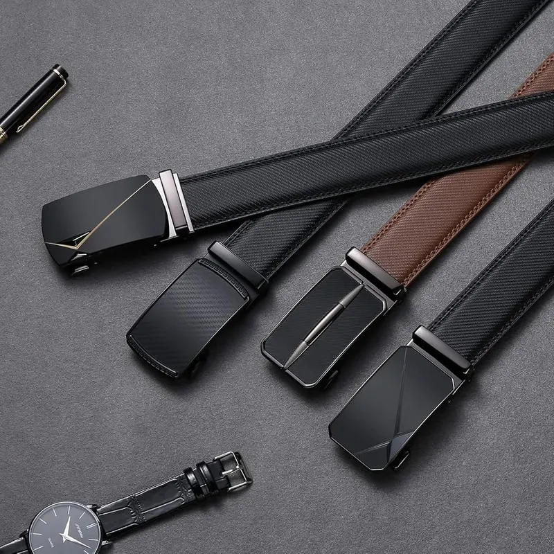 SENDEFN Men’s Leather Belt Automatic Ratchet Buckle – Black leather dress-casual style
