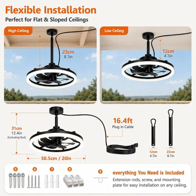 Seyxicnor 20” Outdoor Ceiling Fan – High efficiency DC motor