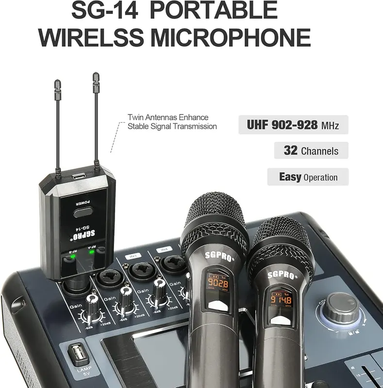 SGPRO SG-14 Dual Wireless Handheld Microphone Set – Superior Dynamic Mic Capsule, Cardioid Pickup Pattern