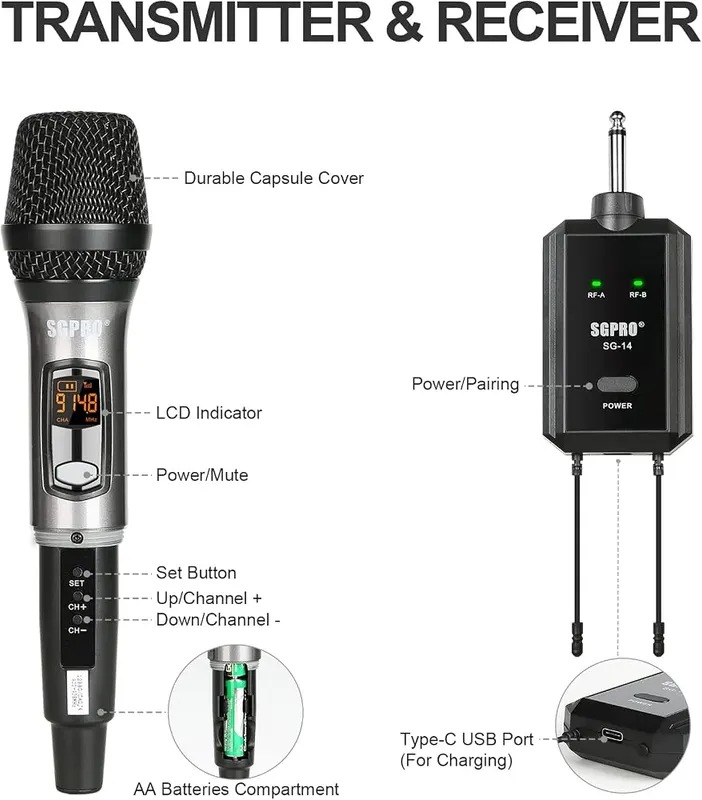 SGPRO SG-14 Dual Wireless Handheld Microphone Set – Metal Handheld Microphones