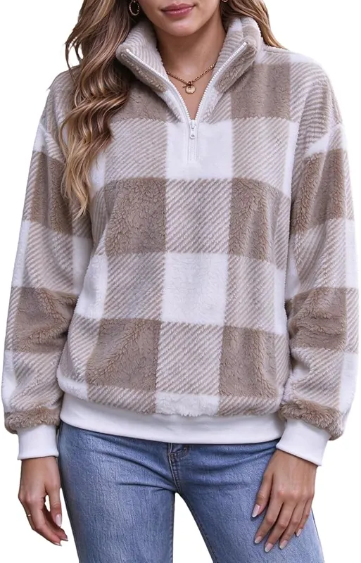Generic Sherpa Jacket Women Quarter Zip Pullover A001-khaki Small – product photo 2 of 7