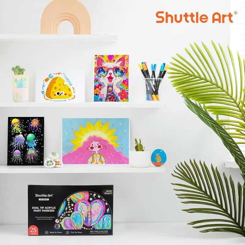 Shuttle Art 25 Colors Brush & Fine Tip – Color-coded caps for quick picks