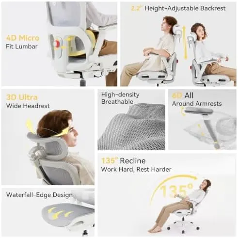 SIHOO B300 Pro Ergonomic Office Chair Without 3D Grey – Weight-sensing recline up to 135 degrees