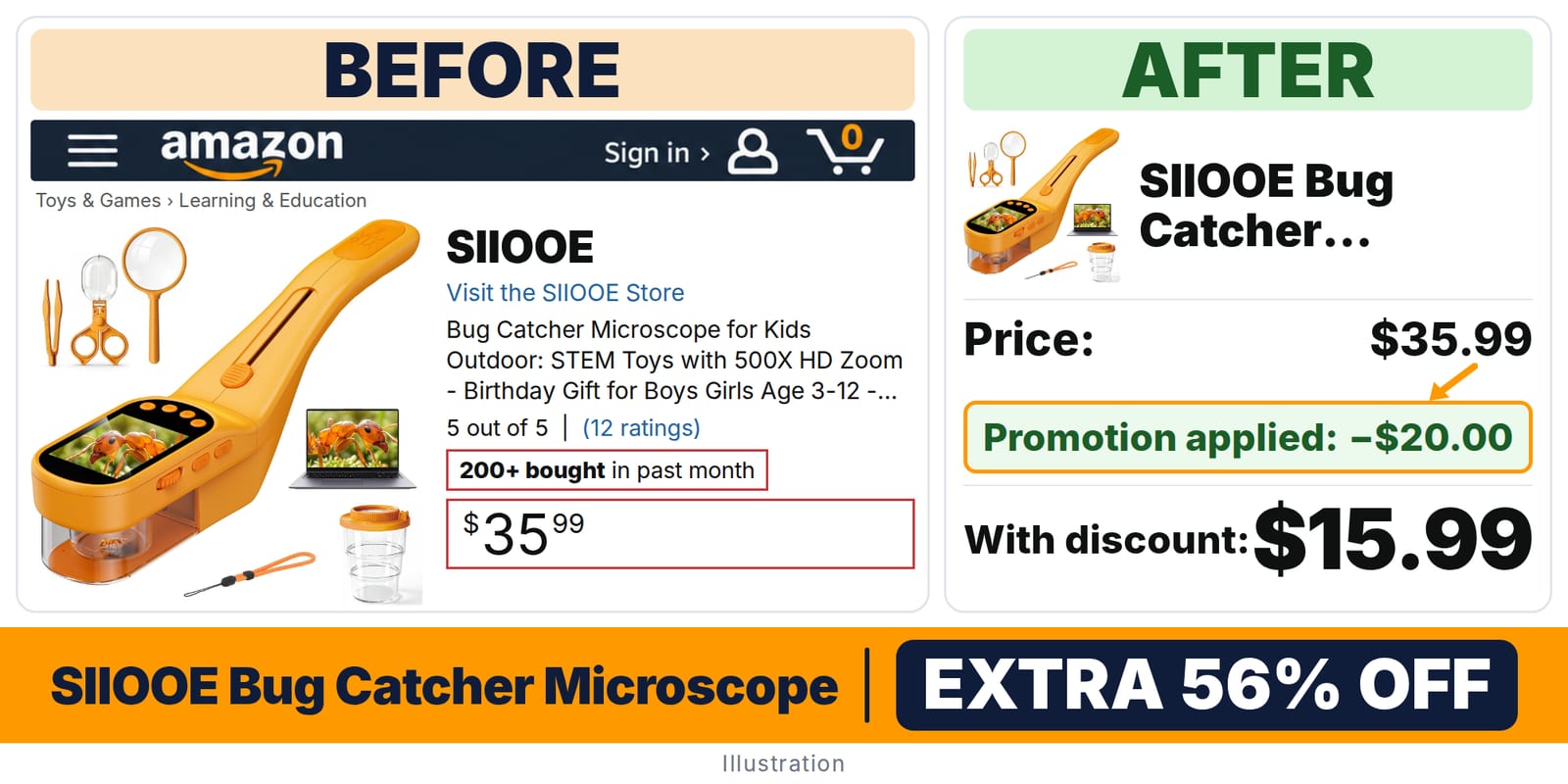 SIIOOE Bug Catcher Microscope deal: before and after – promo code 7C2OSFZ9, 56% off on Amazon